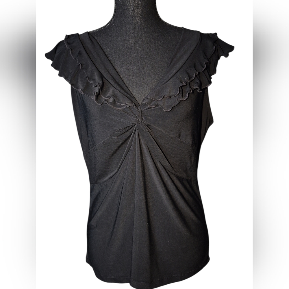 Christopher & Banks Multi Layer Ruffle V-Neck Black Sleeveless Shell -Size Large